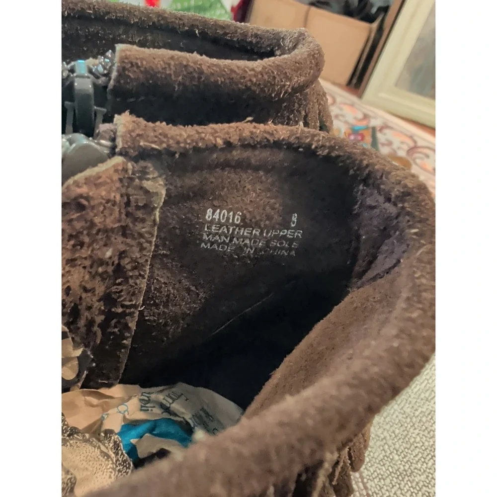 Minnetonka Boots Women 8  Suede Double Fringe Ankle Wedge Bootie Dark Brown Boho